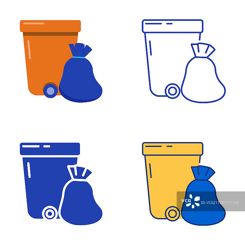 扁平风和线条风格的城市垃圾图标集图片素材
