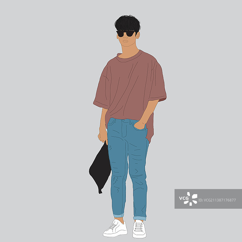 穿深粉色T恤和牛仔裤的男人图片素材