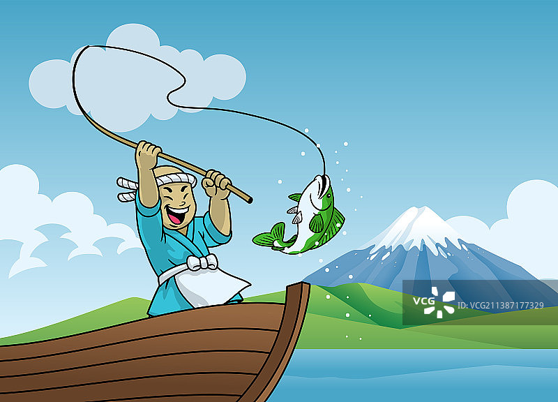 卡通日本渔夫在湖上钓鱼图片素材
