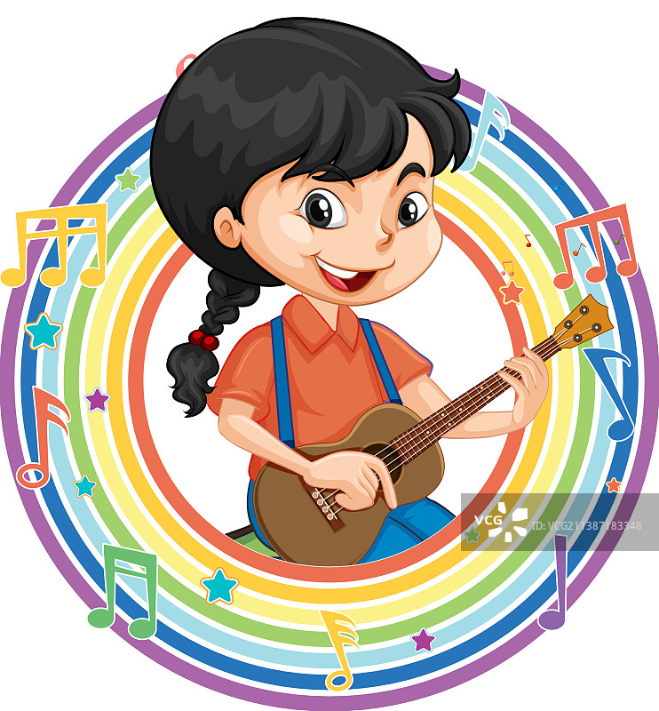 在彩虹圆框里弹吉他的女孩图片素材