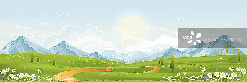 春季绿色田野山脉景色图片素材