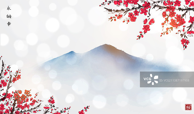 盛开的樱花树枝和远山图片素材