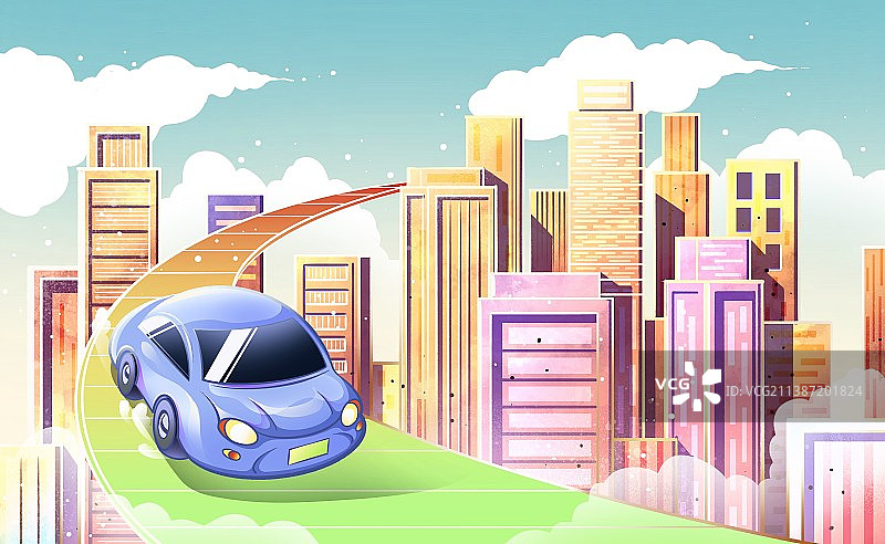 城市建筑和道路上的电动车概念插画图片素材