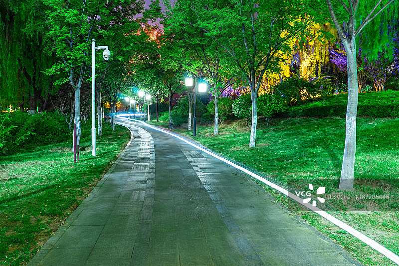 中国非都市风光拍摄主题，山东省泰安市岱岳区老街商业街，夜晚的泮河公园，步行道路上的光轨和两侧的花坛图片素材