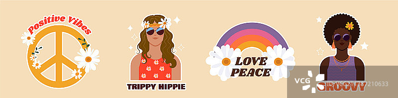 70年代风格贴纸套装图片素材