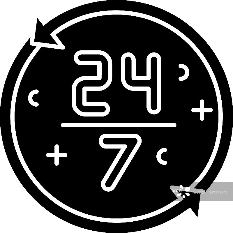 24/7小时商店不间断服务黑色字形图标图片素材