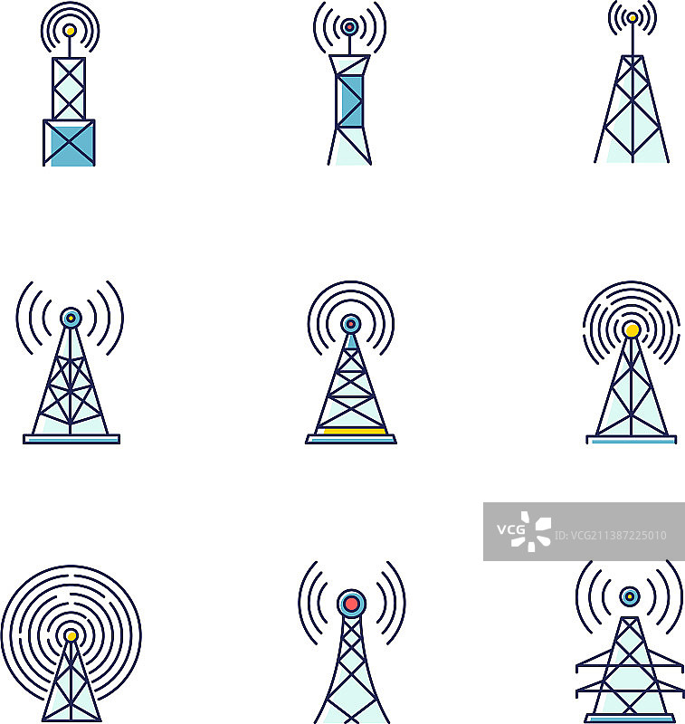 5G蜂窝塔和天线RGB颜色图标集图片素材