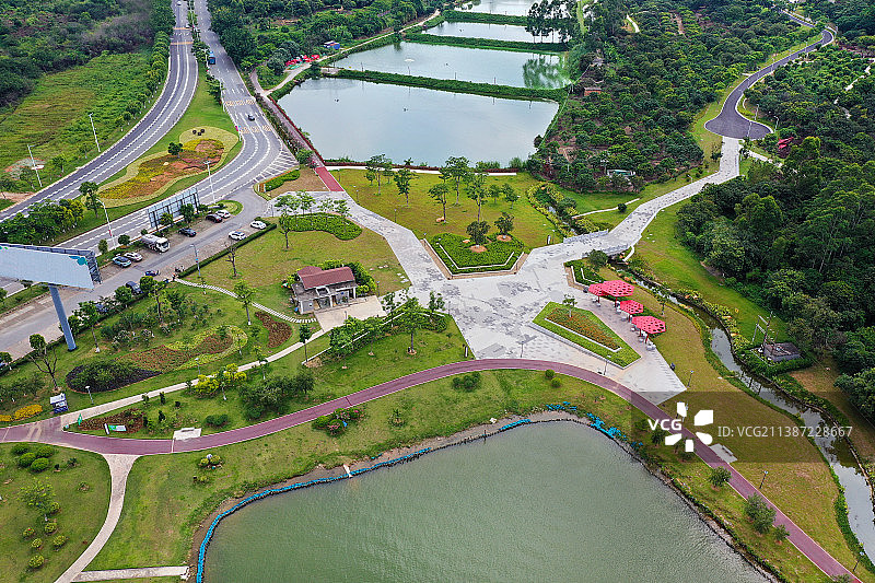 广东省广州市增城区荔湖公园挂绿湖广场万寿禅寺航拍图片素材