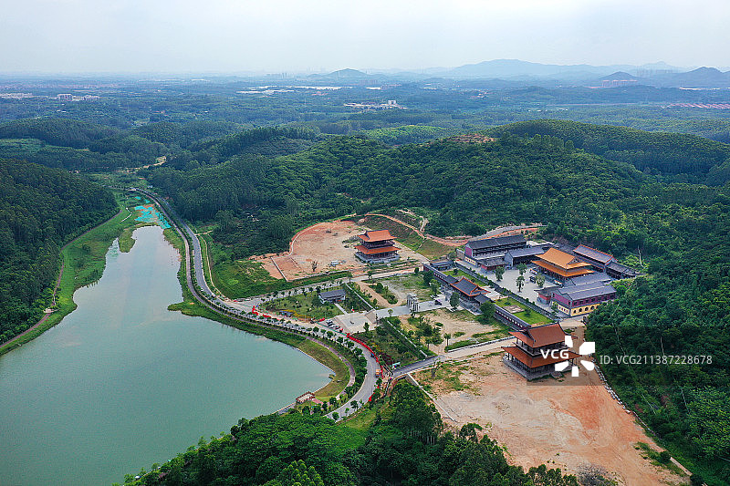 广东省广州市增城区荔湖公园挂绿湖广场万寿禅寺航拍图片素材