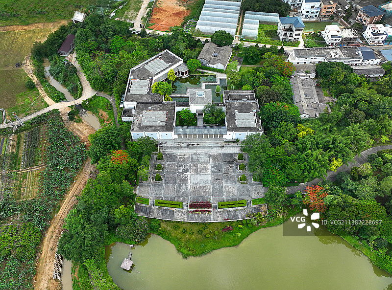 广东省惠州市惠阳区秋长周田村叶挺将军纪念园故居航拍图片素材