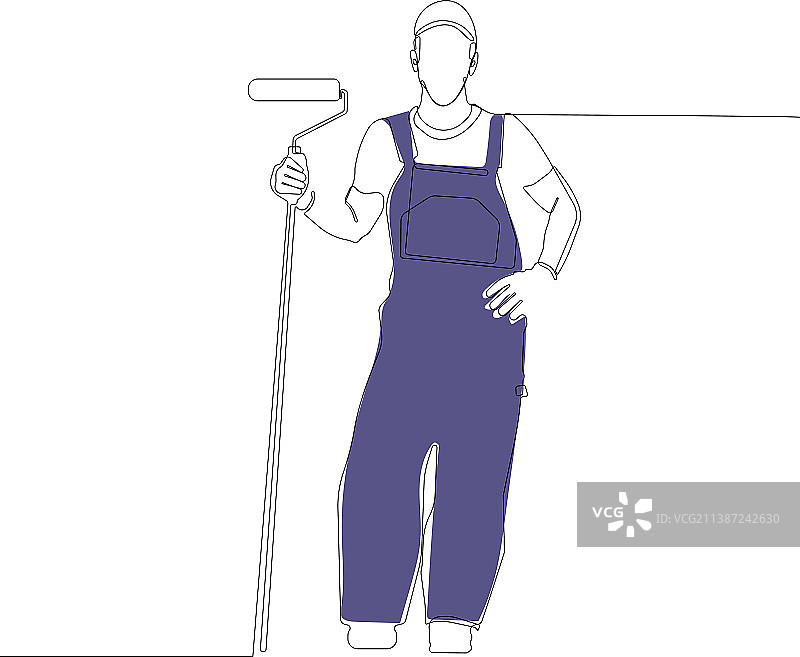 戴手套的油漆工使用滚筒刷墙图片素材