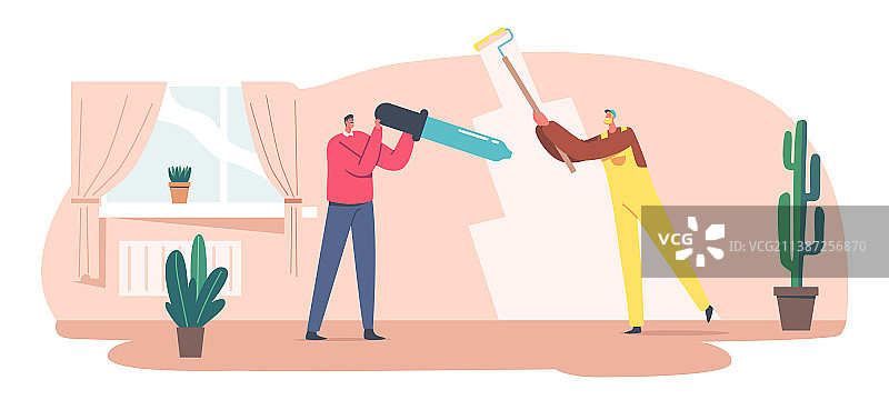 使用滚筒的工人和设计师图片素材