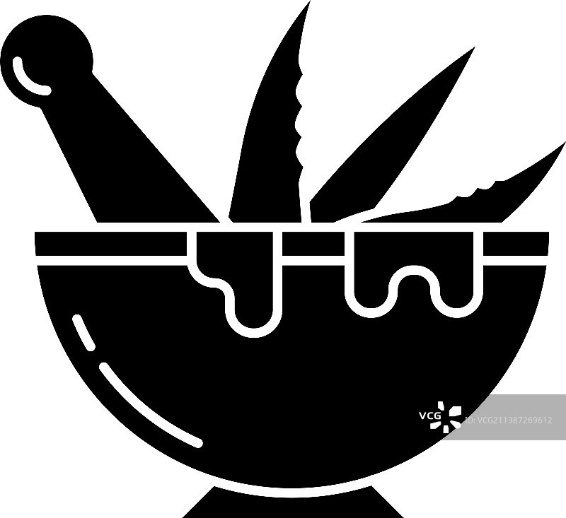 研钵和杵黑色标志符号，含纹理芦荟图片素材