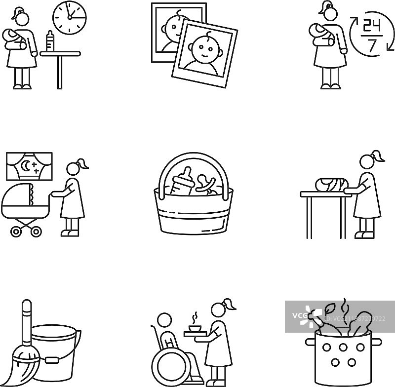 完美的线性保姆服务像素图标集图片素材