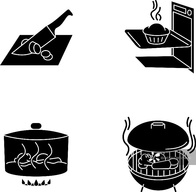 白色背景上的黑色烹饪方法图标集图片素材