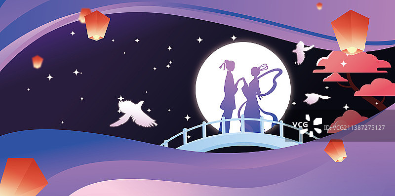 浪漫七夕情人节牛郎织女矢量海报图片素材