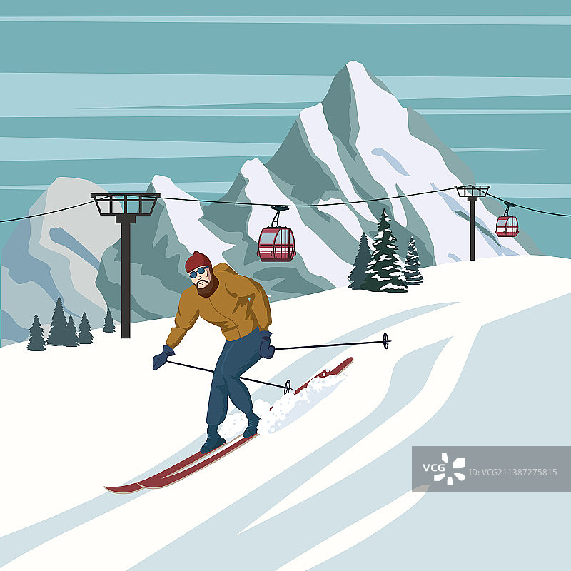 山地滑雪者复古冬季度假村阿尔卑斯山图片素材