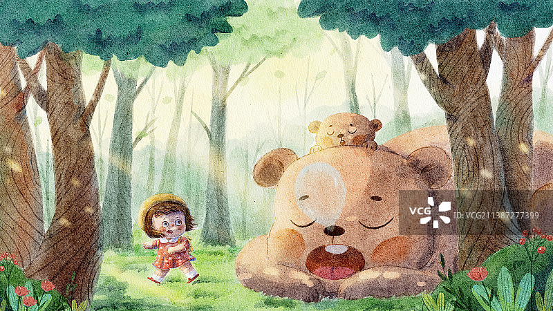 水彩之森林中女孩迷路害怕的场景图片素材
