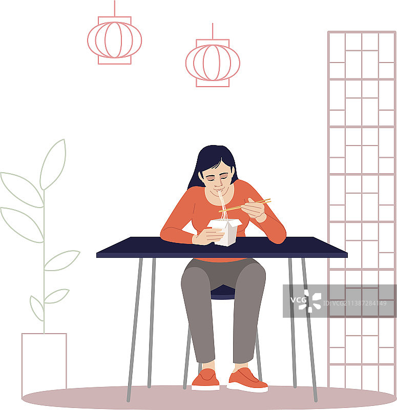 年轻女士用筷子吃面图片素材