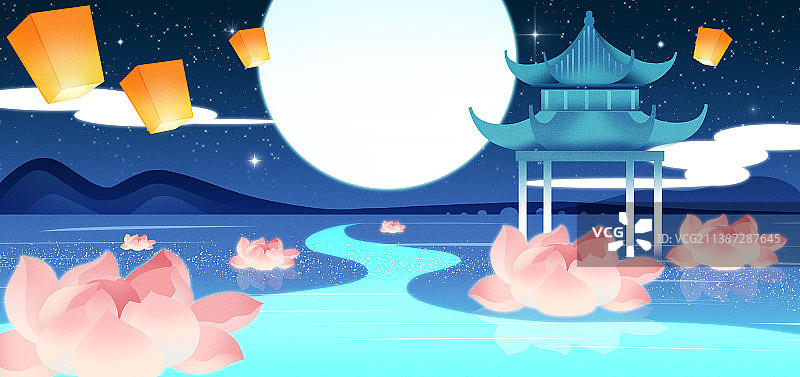 复古风格水边放莲花河灯孔明灯祈福风景插画图片素材