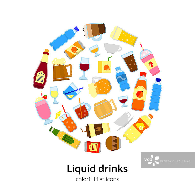 圆形中的不同扁平液体饮品图片素材