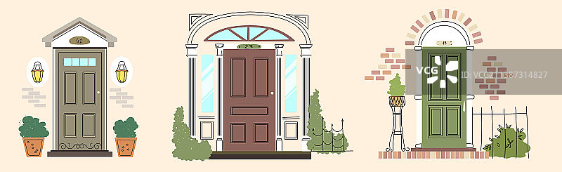 复古风格的三扇入户门图片素材