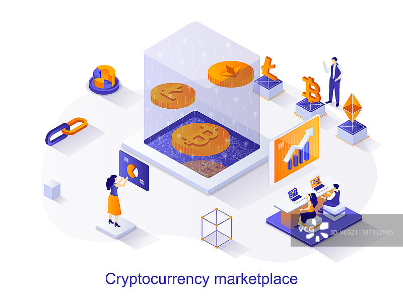加密货币市场2.5D网页概念图片素材