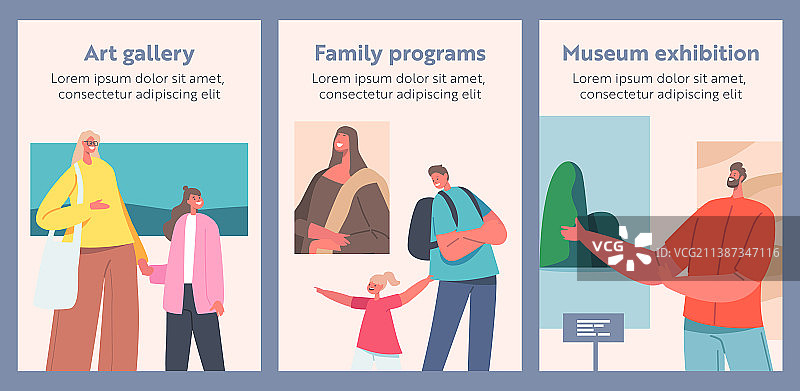 在美术馆观看海报展览的家庭图片素材