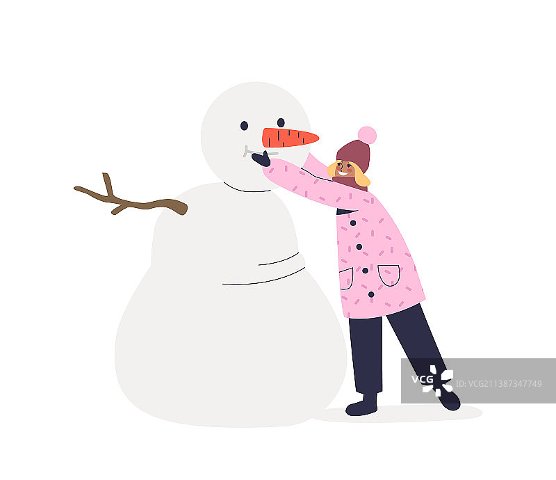 女孩堆雪人，孩子玩耍真有趣图片素材