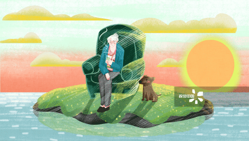 老年人在孤岛上插画-GIF动图图片素材