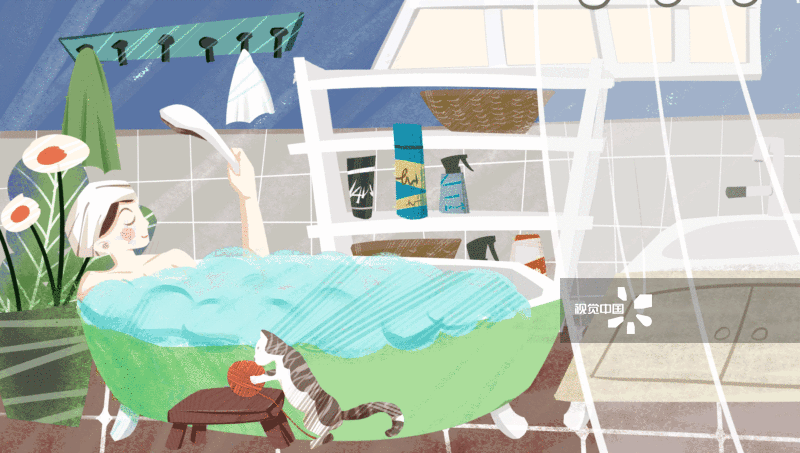 女孩在沐浴洗澡插画-GIF动图图片素材