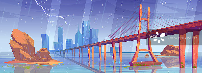 雨中城市天际线：建筑与桥梁图片素材