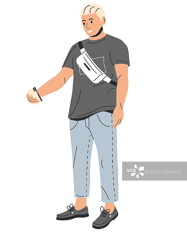 带腰包和智能手机的男人图片素材