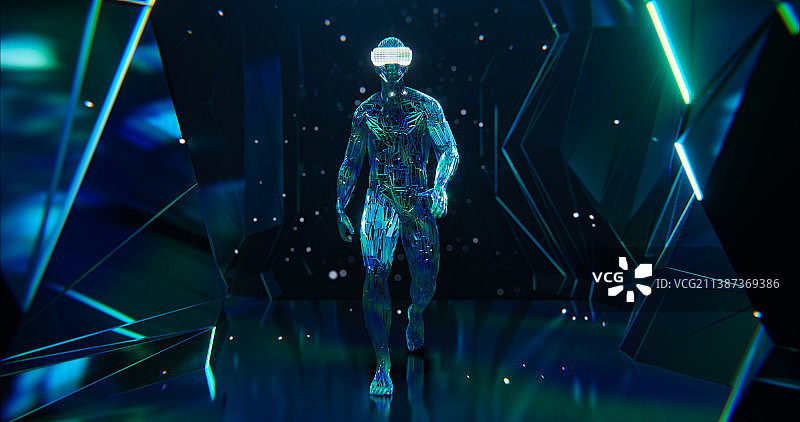3D赛博朋克风格行走的数字虚拟人元宇宙主题插画图片素材