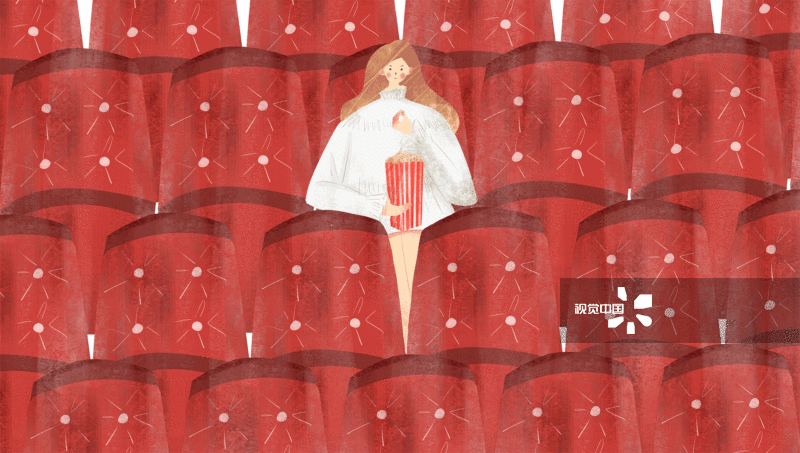 女性在电影院看电影插画-GIF动图图片素材