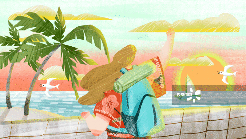 女性在海边旅游插画-GIF动图图片素材