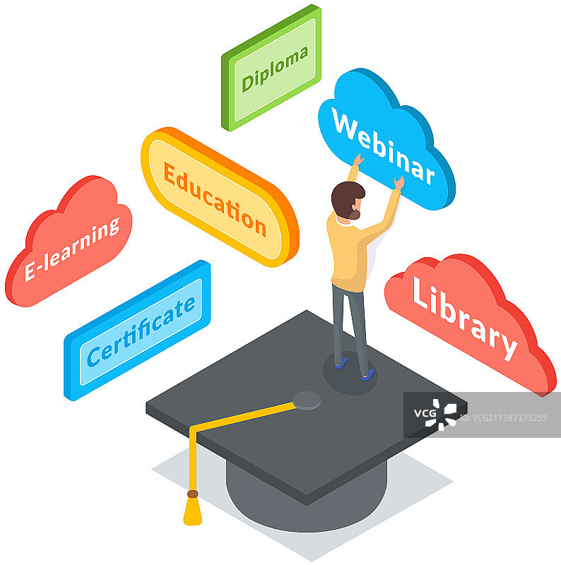 在线教育概念：学生点击按钮图片素材