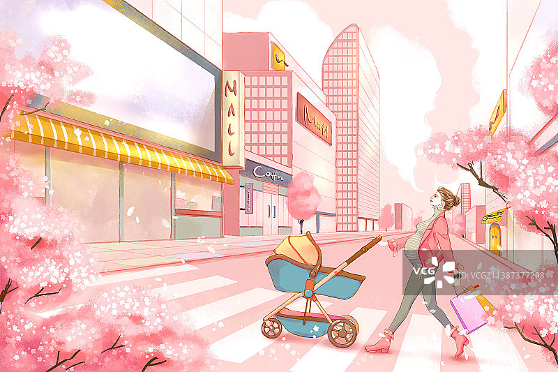 怀孕女人推着婴儿车过马路图片素材