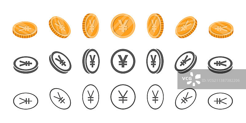 不同角度的日元或人民币硬币旋转图标图片素材