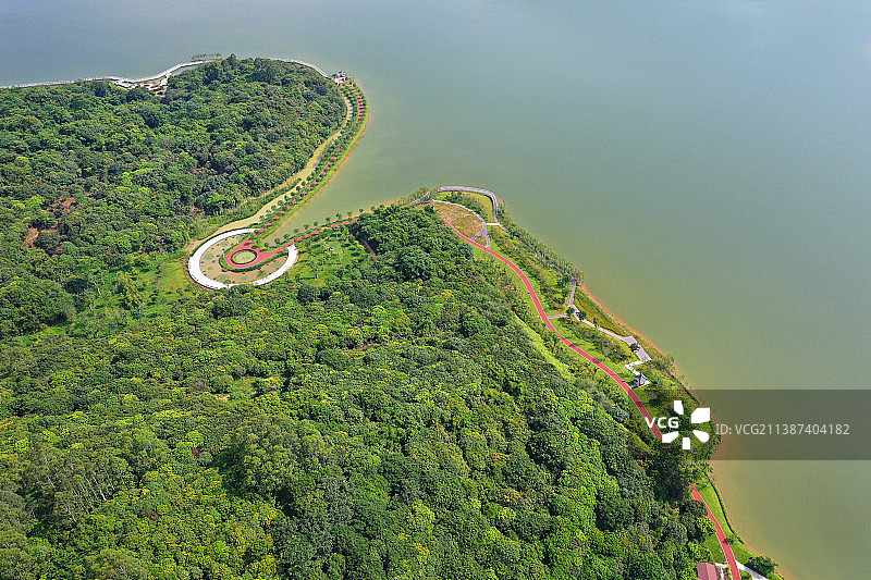 广东省广州市增城区荔湖公园挂绿湖广场万寿禅寺航拍图片素材