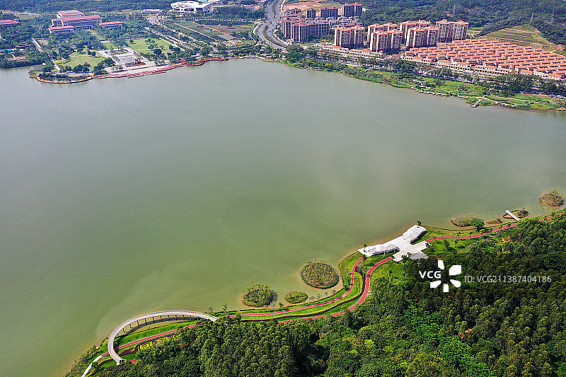 广东省广州市增城区荔湖公园挂绿湖广场万寿禅寺航拍图片素材