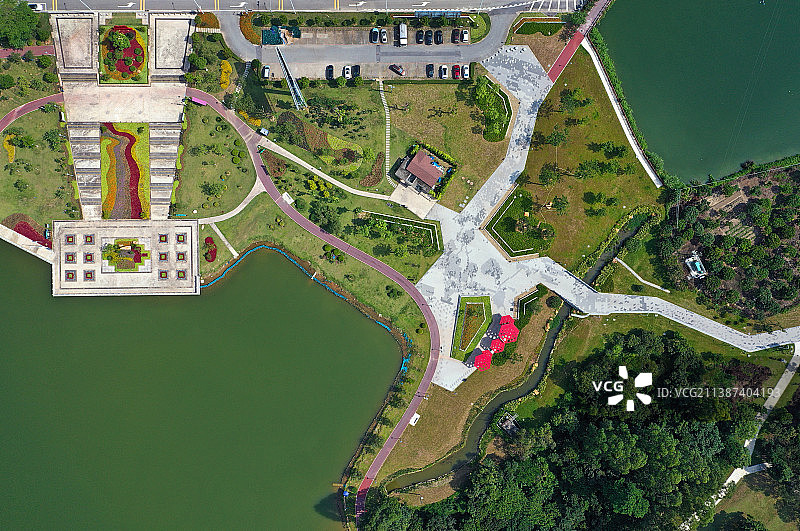 广东省广州市增城区荔湖公园挂绿湖广场万寿禅寺航拍图片素材