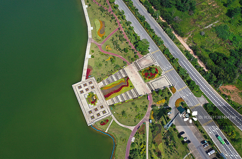 广东省广州市增城区荔湖公园挂绿湖广场万寿禅寺航拍图片素材