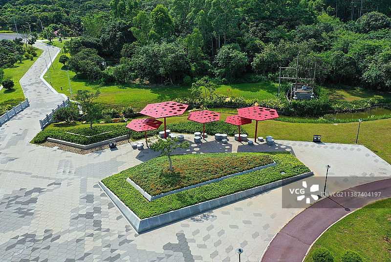 广东省广州市增城区荔湖公园挂绿湖广场万寿禅寺航拍图片素材