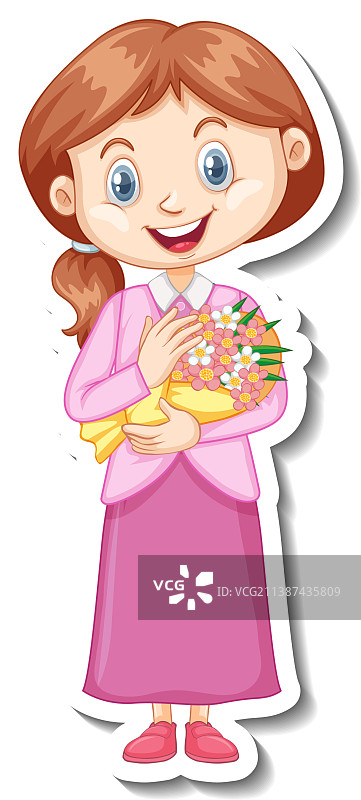 手捧鲜花卡通人物的女孩图片素材
