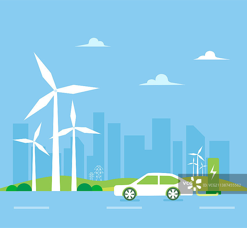 风力太阳能综合发电场风力涡轮机在绿色城市，电动汽车充电，说明走向绿色新能源汽车环保碳达峰插画图片素材