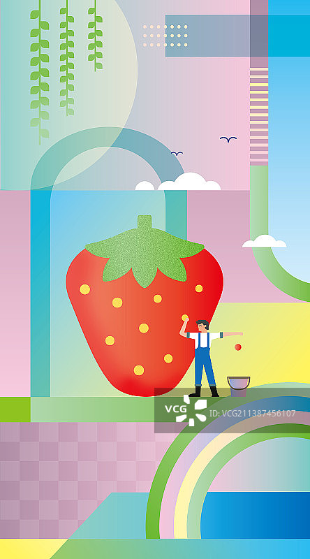 草莓与小人几何构成插画壁纸图片素材