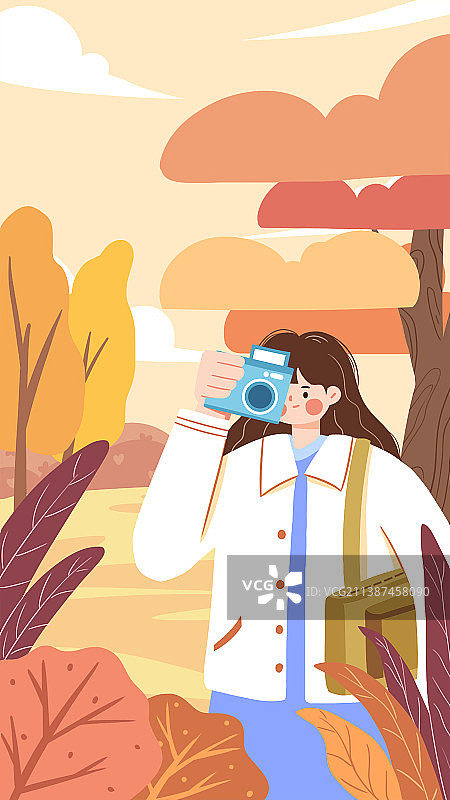 穿着衬衫的女孩拿着相机在室外拍照片图片素材