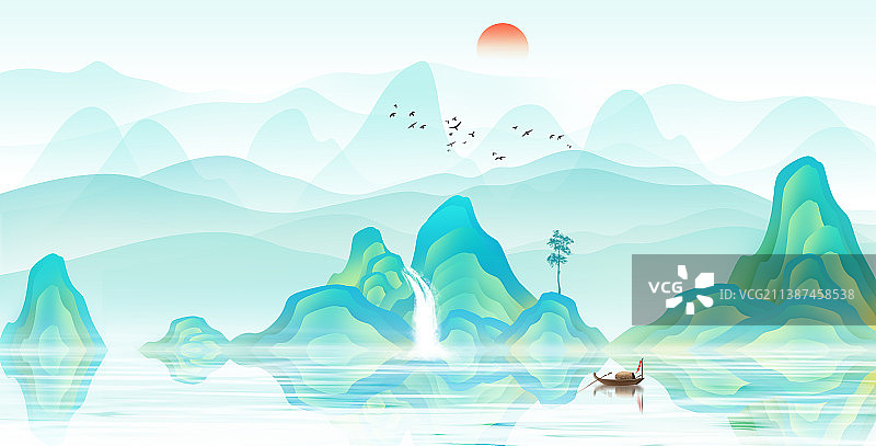 手绘国潮风国潮山水插画海报背景国潮风千里江山图山水画图片素材