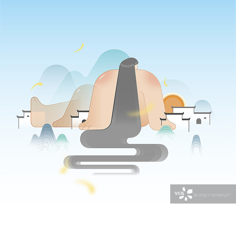 蓝色新中式徽派建筑人物矢量插画图片素材